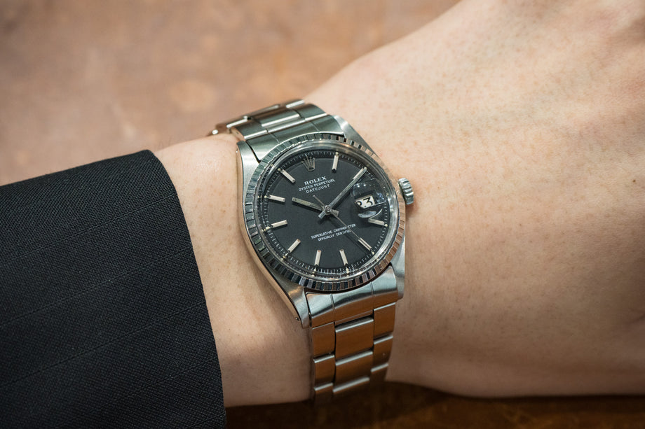 『CA』ロレックス デイトジャスト 1603 自動巻き時計 ロレックス デイトジャスト 1603 ブラックダイヤル 1969年製 – 黒船